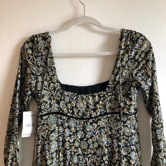 NWT Free People Boheme Black Floral Square Neckline Mini Dress - Picture 12 of 14